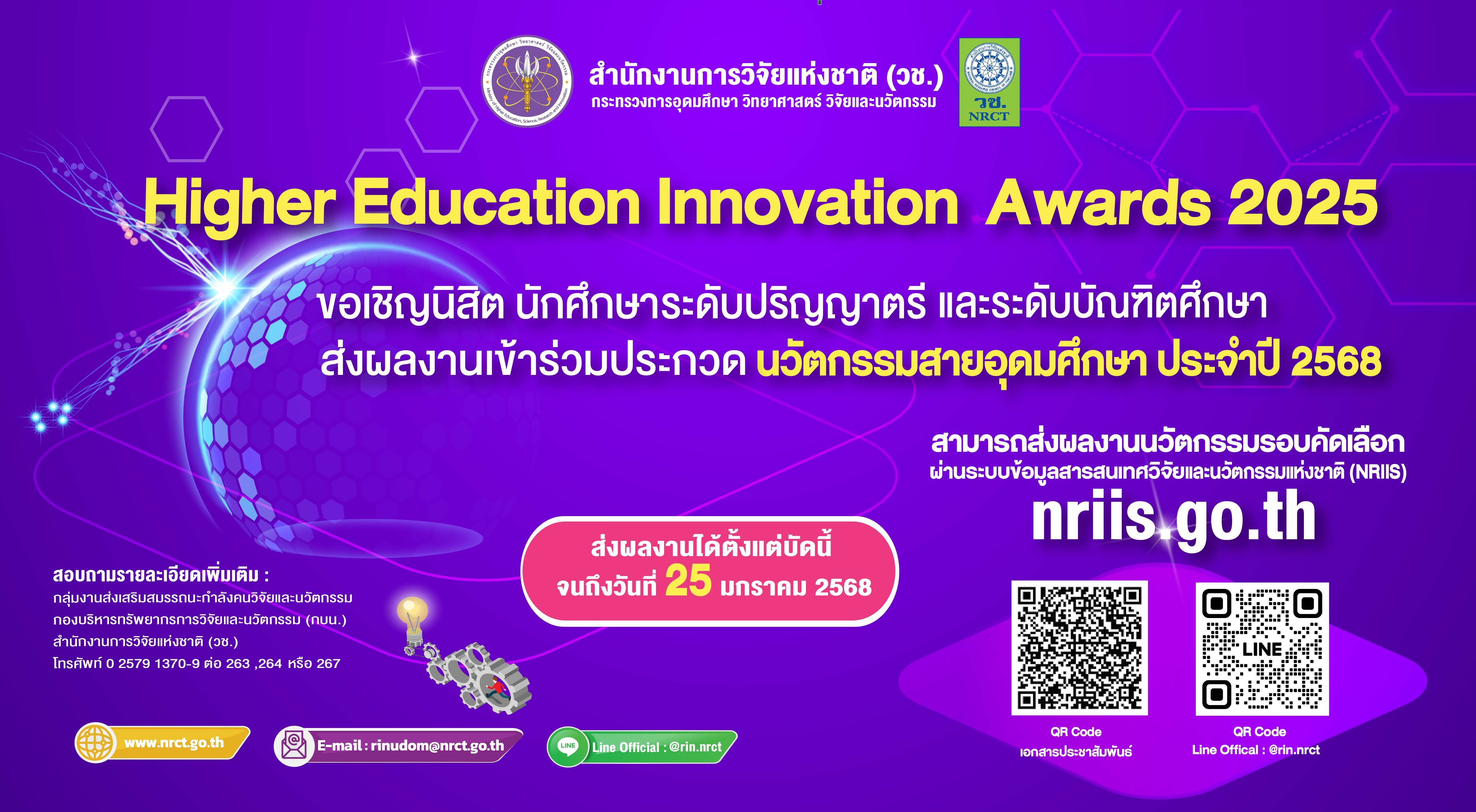 ประชาสัมพันธ์การจัดกิจกรรมการประกวดผลงานนวัตกรรมสายอุดมศึกษา ประจำปี 2568 (Higher Education Innovation Awards 2025)